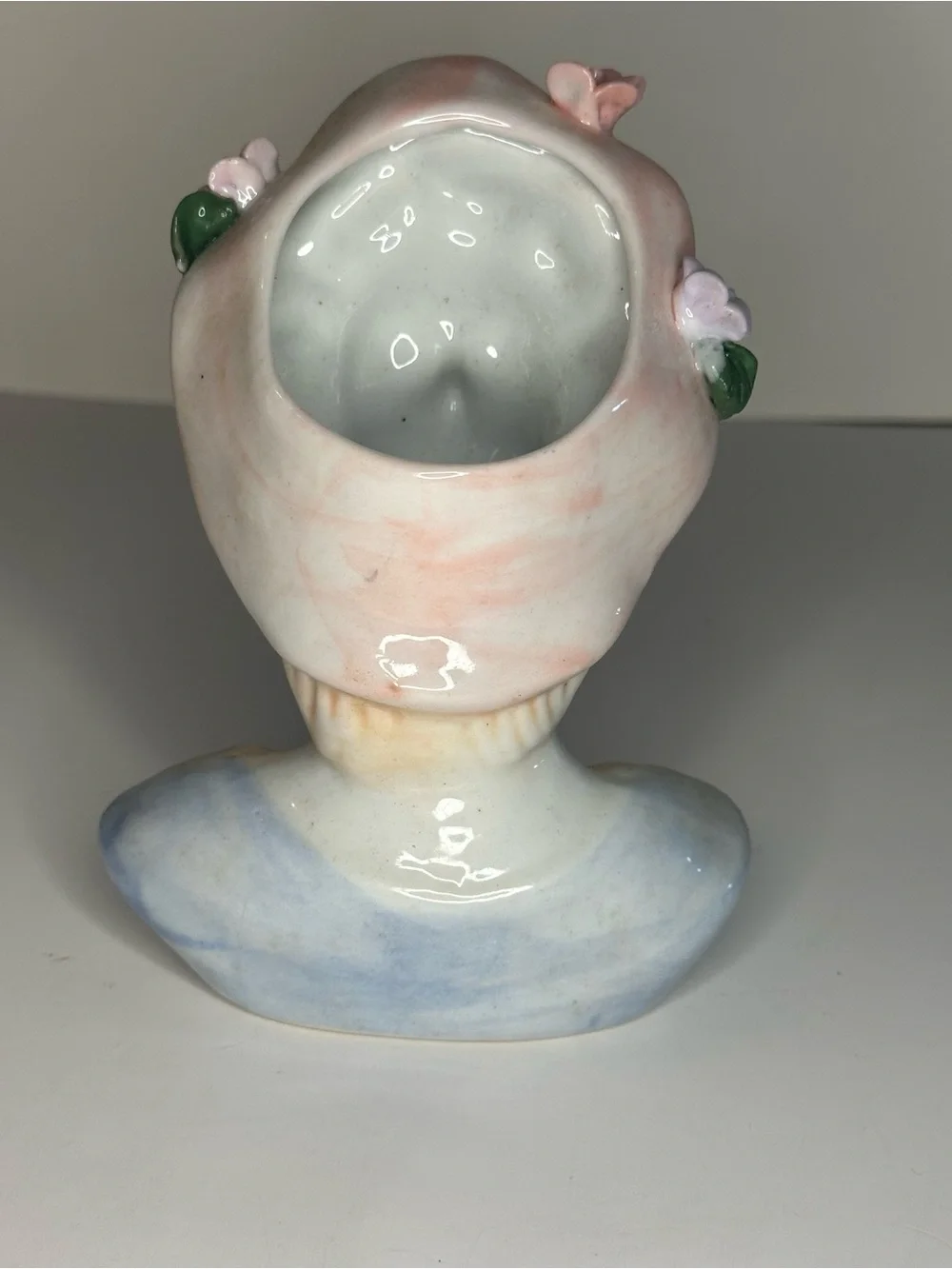 Vintage MCM Porcelain Glamour Girl Head Vase Pink Floral Hat Blue Dress 1950 NEW